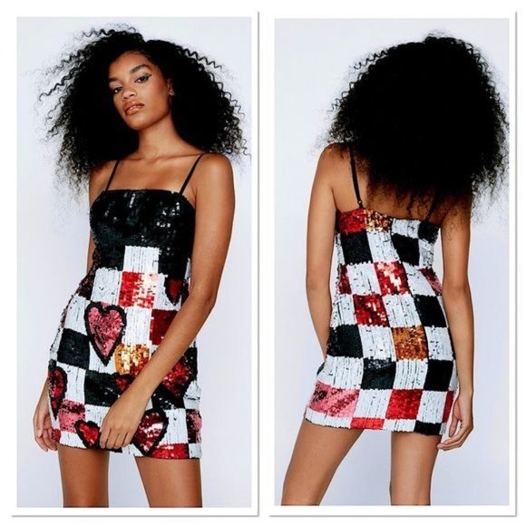 Nasty Gal Dresses & Skirts - NASTY GAL Collection Sequins Checkerboard Heart print Mini Dress Size 6 NWT